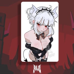 May include: Illustration of a white-haired anime-style character with red eyes, wearing a black outfit with a bow tie and horns. The image has a red and black background and the artist's signature.