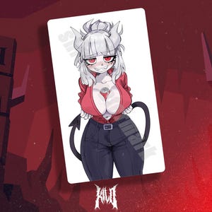May include: A white card with a digital illustration of a female demon character. The character has white hair, red eyes, and a red jacket. The background is red. The character has horns and a tail.