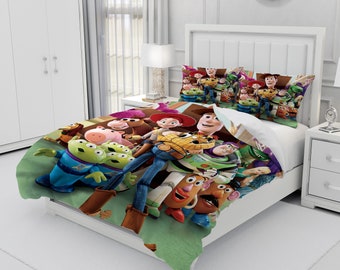 Toy Story, gepersonaliseerde driedelige beddengoedset, op maat gemaakte dekbedovertrek en kussensloop, slaapkamerdecoratie, creatieve cadeaus