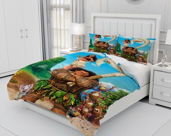 Moana, parure de lit personnalisée trois pièces, housse de couette et taie d'oreiller personnalisées, décoration de chambre à coucher, cadeaux créatifs