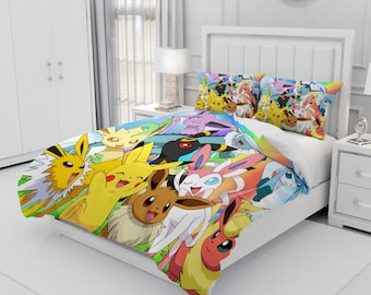 Pokemon, parure de lit personnalisée trois pièces, housse de couette et taie d'oreiller personnalisées, décoration de chambre à coucher, cadeaux créatifs