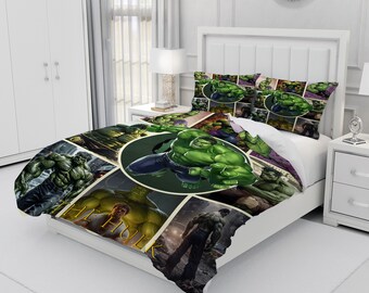 De Hulk, gepersonaliseerde driedelige beddengoedset, op maat gemaakte dekbedovertrek en kussensloop, slaapkamerdecoratie, creatieve cadeaus