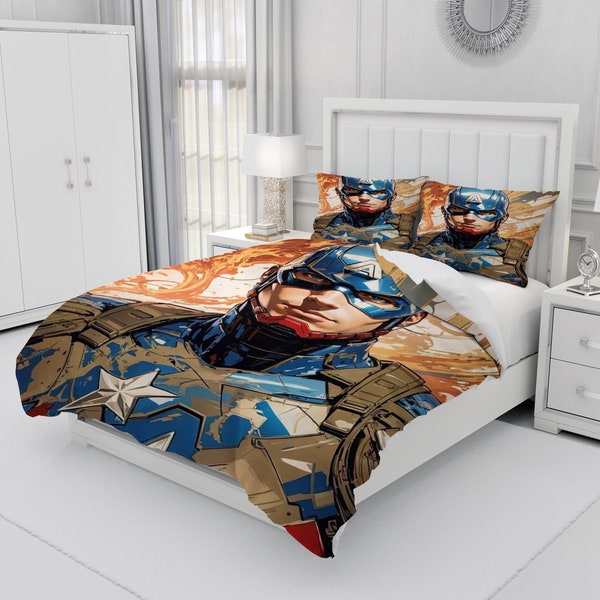 Captain America, ensemble de literie trois pièces personnalisé, housse de couette et taie d'oreiller personnalisées, décoration de chambre à coucher, cadeaux créatifs