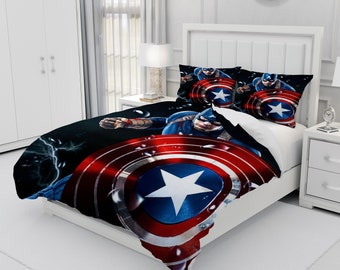 Captain America, ensemble de literie trois pièces personnalisé, housse de couette et taie d'oreiller personnalisées, décoration de chambre à coucher, cadeaux créatifs