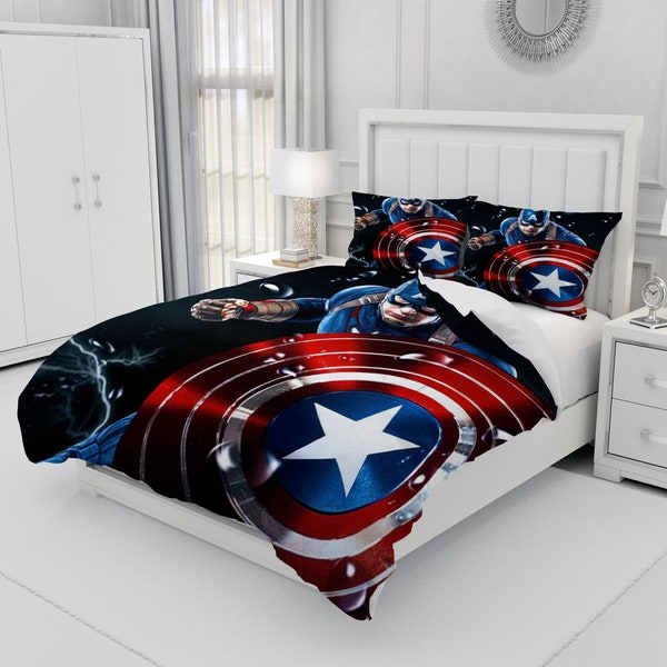 Captain America, ensemble de literie trois pièces personnalisé, housse de couette et taie d'oreiller personnalisées, décoration de chambre à coucher, cadeaux créatifs