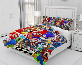 Mario, driedelige set met gepersonaliseerd beddengoed, op maat gemaakte dekbedovertrek en kussensloop, slaapkamerdecoratie, creatieve cadeaus