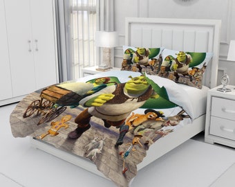 Shrek, parure de lit personnalisée trois pièces, housse de couette et taie d'oreiller personnalisées, décoration de chambre à coucher, cadeaux créatifs