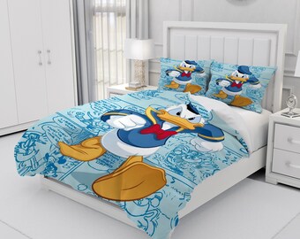 Donald Duck, gepersonaliseerde beddengoed driedelige set, op maat gemaakte dekbedovertrek en kussensloop, slaapkamerdecoratie, creatieve geschenken