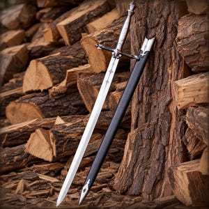 May include: A silver-toned metal sword with a pointed blade and a cross-shaped guard, featuring a slender handle and a matching pommel. Beside the sword rests a long, black scabbard with silver-coloured metal fittings at the tip and opening.