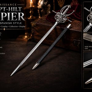 Könnte beinhalten: Ein Renaissance-Rapier mit Korbgefäß, polierter Edelstahlklinge, drahtumwickeltem Griff und aufwendigem Handschutz. Das Set enthält eine passende schwarze Scheide mit Metallspitze. Der Text auf dem Bild lautet Renaissance Swept-Hilt Rapier.
