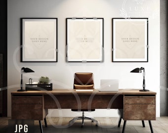 Mockup med tre ramar, mockup med svarta ramar, mockup med kontorsväggram, mockup med PSD JPG-affischtryck, mockup med tom ram, digital mockup
