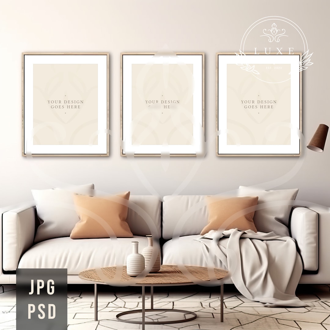 Mockup Three Frames, Living Room Wall Frames Mockup, PSD JPG Print