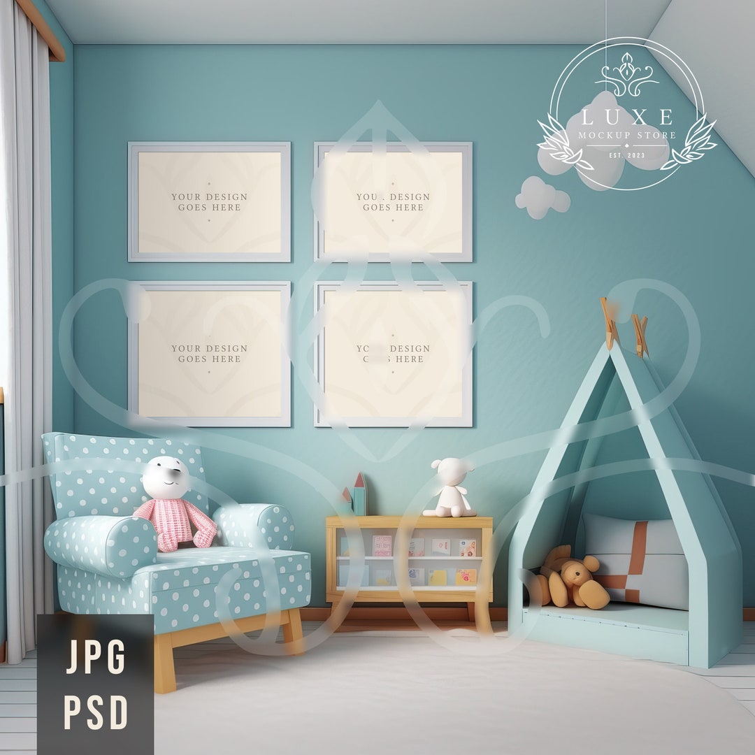 Four Mockup Frames, Blue Nursery Interior Wall Mockup, PSD JPG Art ...