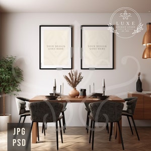 Two Black Frames Mockup, Wall Art Mockup, Dining Room Art Mockup, PSD JPG Poster Mockup, Modern Interior Empty Frame Mockup, Digital Mockup