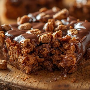 May include: A chocolate dessert bar with a bite taken out, topped with glossy chocolate and crunchy cereal pieces. The bar sits on a wooden surface. The dessert is a tempting treat.