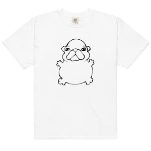 May include: White t-shirt with a black outline drawing of a cartoon pug. The pug has a round body, small ears, and a distinctive face. The shirt is made of a soft material and has a classic crew neck.