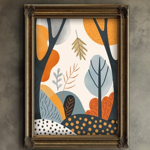 Arte de parede de outono outono - Árvores abstratas de outono Decoração clássica de outono, pôster para impressão, decoração de casa com cores sazonais, arte em cores pastel