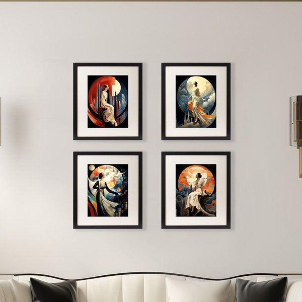 Art Deco 1920's style art prints of "Women and the Moon".  4 Prints in the set. Size 8x10 Inches Vintage Wall Decor