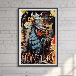 Godzilla Gojira - King of the Monsters - Jean Michel Basquiat Inspired Pop Art Print, Wall Art Decor, Graffiti Contemporary Abstract Art