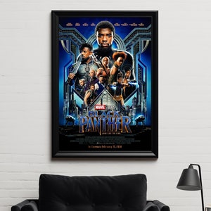 May include: A movie poster for the Marvel Studios film Black Panther. The poster features a group of characters, including Chadwick Boseman as T'Challa, in front of a futuristic cityscape. The text on the poster reads "Marvel Studios Black Panther Long Live the King In Cinemas February 16, 2018."
