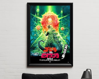 Puede incluir: Un póster enmarcado en negro con una ilustración verde y roja de Godzilla luchando contra un monstruo. El póster está en japonés y dice "Godzilla vs. ... 12/16 Sábado".