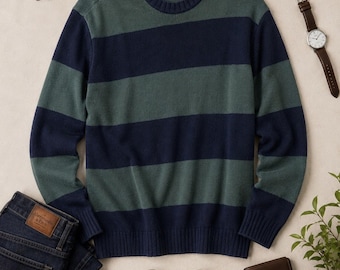 Hollister Blue Green Stripe Cotton Poly Crew Sweater Size Small EUC