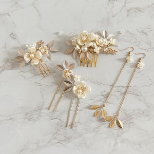 Bridal Hair Comb, Wedding Hair Comb, Hair piece, Gold Floral Comb, Bridal Accessories, Earrings and Hair Jewelry Set, Pearl Hair Comb & Pins