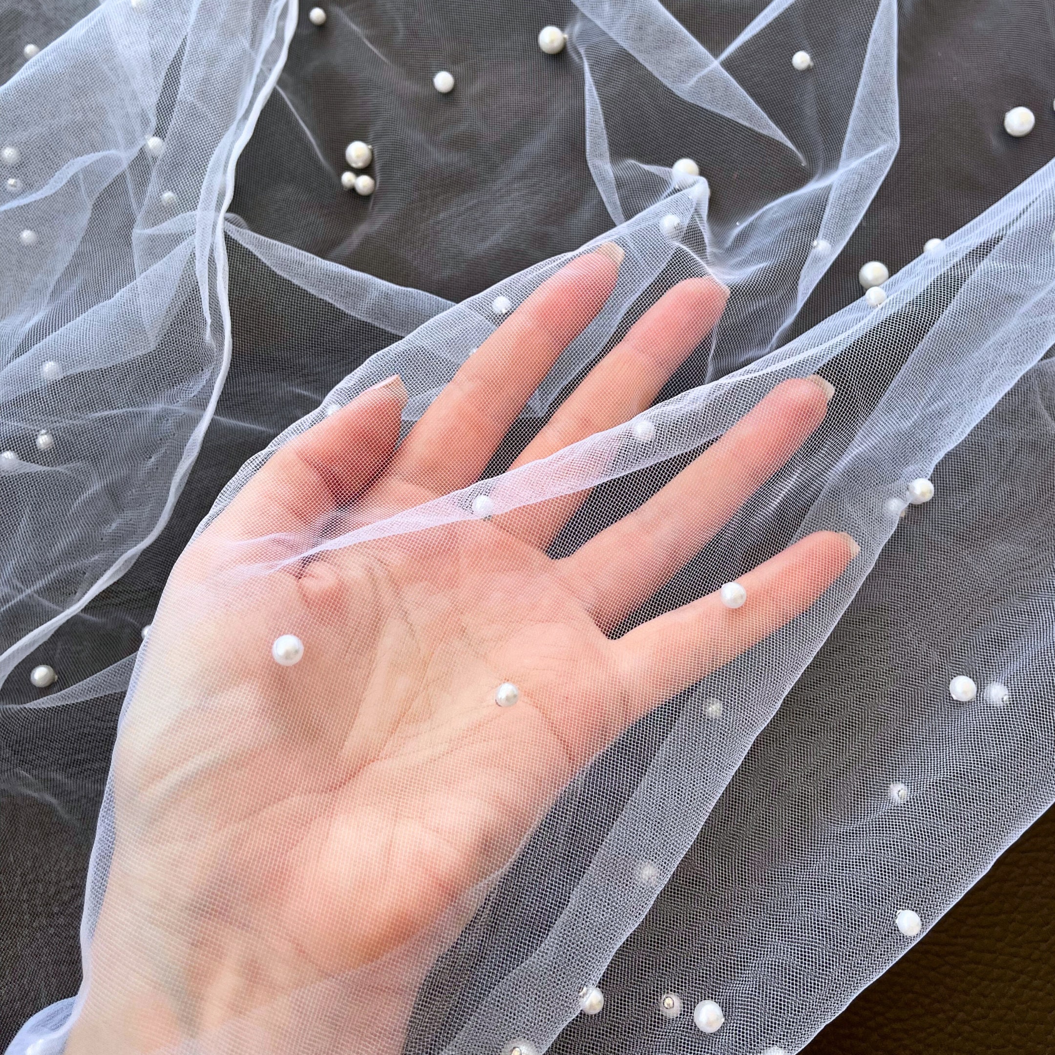 White Beaded Tulle Fabric by the Yard, Scattered Pearl Tulle Fabric for