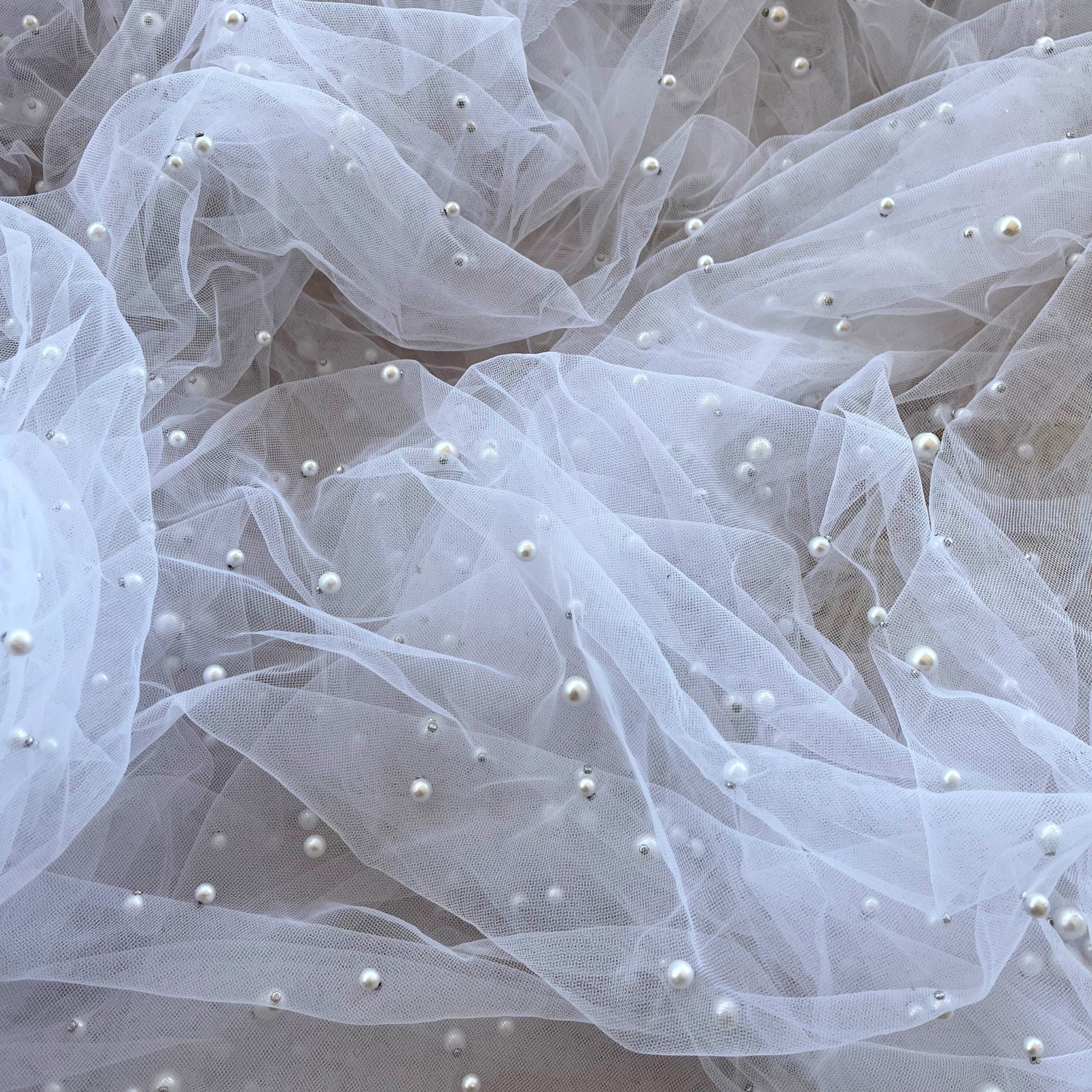 White Beaded Tulle Fabric by the Yard, Scattered Pearl Tulle Fabric for