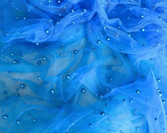 Blue Pearl Tulle Fabric by The Yard, Scattered Pearls on Mesh, Pearls on Soft Stretch Lace Fabric for Veils, Dress, Backdrop, Curtains