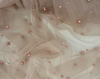 Blush Beaded Tulle Fabric Scattered Pearls on Mesh, Veil Beaded Pearl Lace Fabric, Tan Soft Tulle Fabric with Pearls, Blush Tulle for Dress