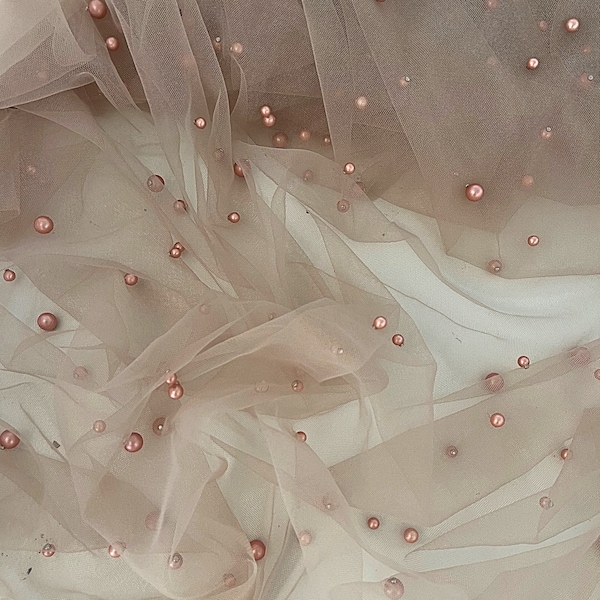Blush Beaded Tulle Fabric Scattered Pearls on Mesh, Veil Beaded Pearl Lace Fabric, Tan Soft Tulle Fabric with Pearls, Blush Tulle for Dress