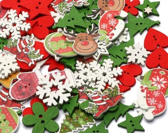 Mixed Christmas decor wooden Buttons, Christmas buttons, reindeer, Santa Clause Winter Holiday colors buttons, Snowflake Buttons 17mm- 30mm