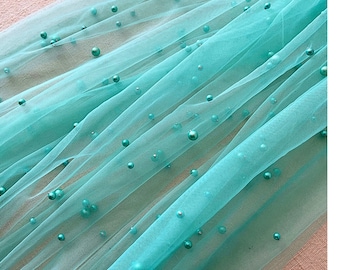 Mint Tulle Fabric, Soft Blue Tulle Bead Pearl Lace Fabric, Scattered Pearls on Mesh Material, Soft Tulle with Pearls for Dress, Apparel