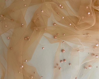 Nude Bead Pearls Tulle Fabric by the Yard, Scattered Pearl Mesh Fabric for Veil, Soft Tulle Mesh with Pearls, Champagne Pearl Wedding Veil