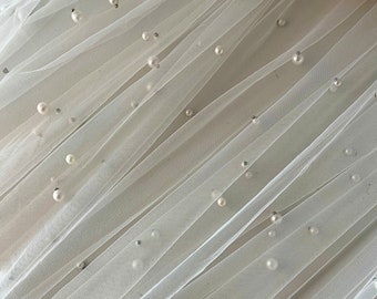 OFF White Pearl Tulle Fabric by the Yard, Scattered Pearl Tulle Fabric for Veil, Wedding Soft Tulle Mesh with Pearls, Pearl Wedding Veil