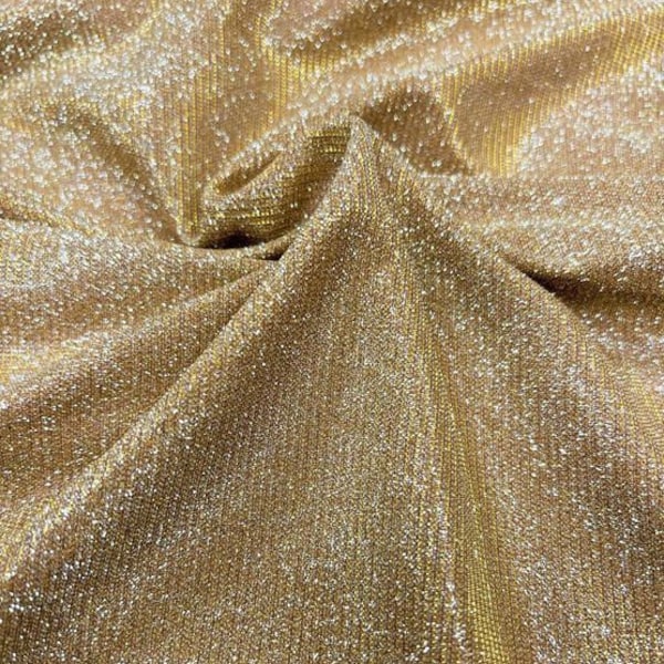 Gold Metallic Stretch Lurex Glitter Fabric, Shimmer Fabric for Apparel, Stretch Gold Glitter Lurex Fabric for Backdrop, Christmas Decor