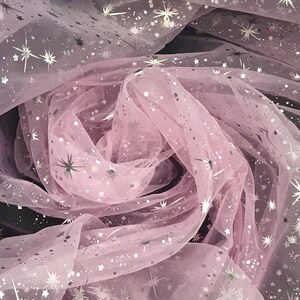 Pink Crystal Organza Fabric by the Yard Snowflake Organza Rose Fabric, Starburst Tulle Fabric,Silver All Over Star Pink Fabric for Apparel image 3