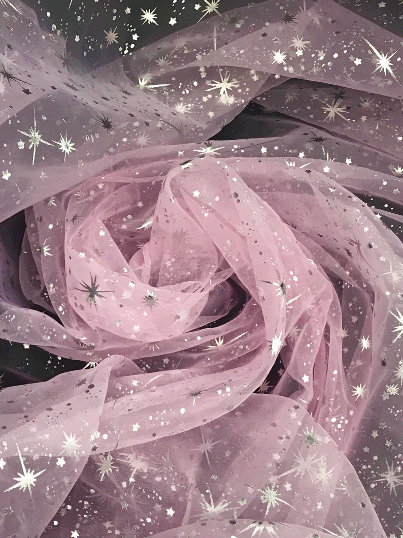 Pink Crystal Organza Fabric by the Yard Snowflake Organza Rose Fabric, Starburst Tulle Fabric,Silver All Over Star Pink Fabric for Apparel image 3