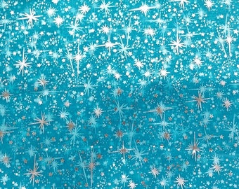 Turquoise Crystal Organza Fabric by the Yard, Silver Snowflake Aqua Organza Fabric for Winter Decoration, All Over Star Organza for Garments