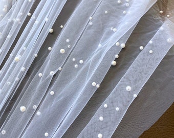 White Beaded Tulle Fabric by the Yard, Scattered Pearl Tulle Fabric for Veil, Wedding Soft Tulle Mesh with Pearls, Pearl Wedding Veil