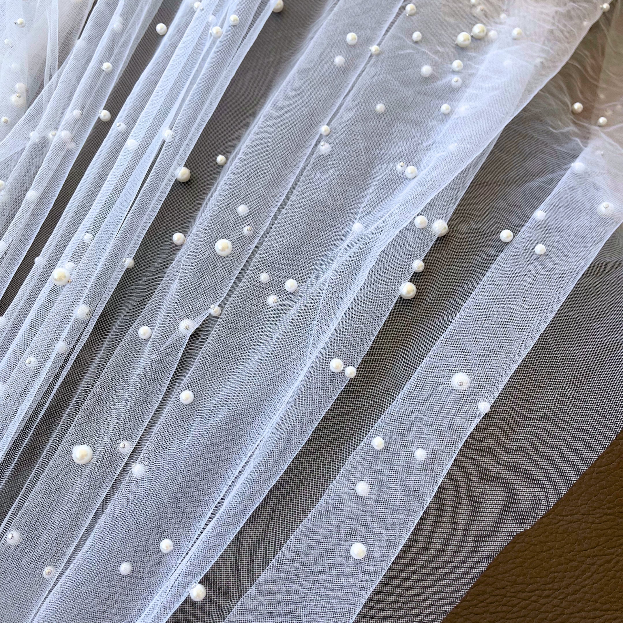 White Beaded Tulle Fabric by the Yard, Scattered Pearl Tulle Fabric for