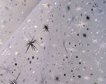 Silver Snowflake Crystal Organza Fabric by the Yard Starburst Sparkle Organza Fabric for Christmas Decoration,White Winter Fabric With Stars