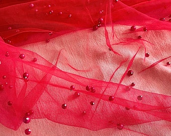 Red Tulle Fabric, Scattered Pearls on Mesh by the Yard, Soft Red Tulle with Pearls, Beaded Pearl Lace for Bridal, Dress, Gowns