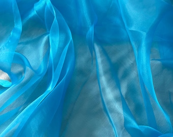 Teal Blue Crystal Organza Fabric by the yard, Azure Sheer Organza Fabric for Fashion, Crafts and Decorations