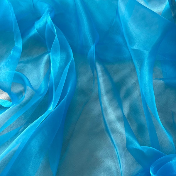 Teal Blue Crystal Organza Fabric by the yard, Azure Sheer Organza Fabric for Fashion, Crafts and Decorations