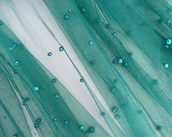 Emerald Green Tulle Fabric Scattered Pearls Studded Mesh Green Fabric, Tulle with Pearls for Gowns, Dresses, Winter Decor Fabric