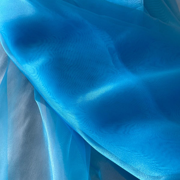 Azure Blue Organza Fabric, Sheer Fabric by the Yard, Breathable Blue Material for Gowns, Fabric for Curtains, Sheer Decor Fabric