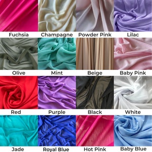 May include: A collection of 16 fabric swatches in various colors, including fuchsia, champagne, powder pink, lilac, olive, mint, beige, baby pink, red, purple, black, white, jade, royal blue, hot pink, and baby blue.