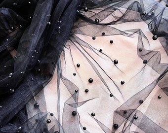 Black Pearl Tulle Fabric, Black Pearl Beaded Lace Fabric, Scattered Pearls on Mesh Material, Soft Black Tulle with Pearls for Dress, Decor